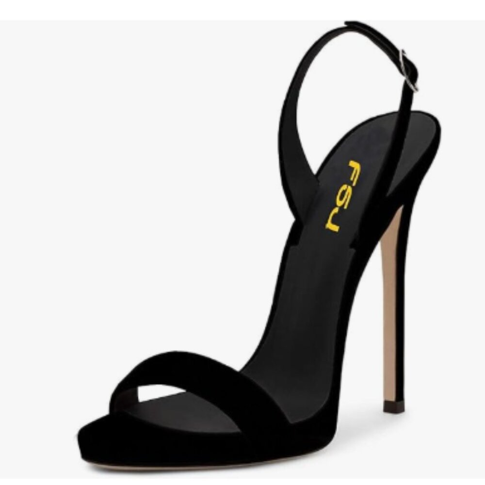 FSJ Black Suede Stiletto Slingback Sandal